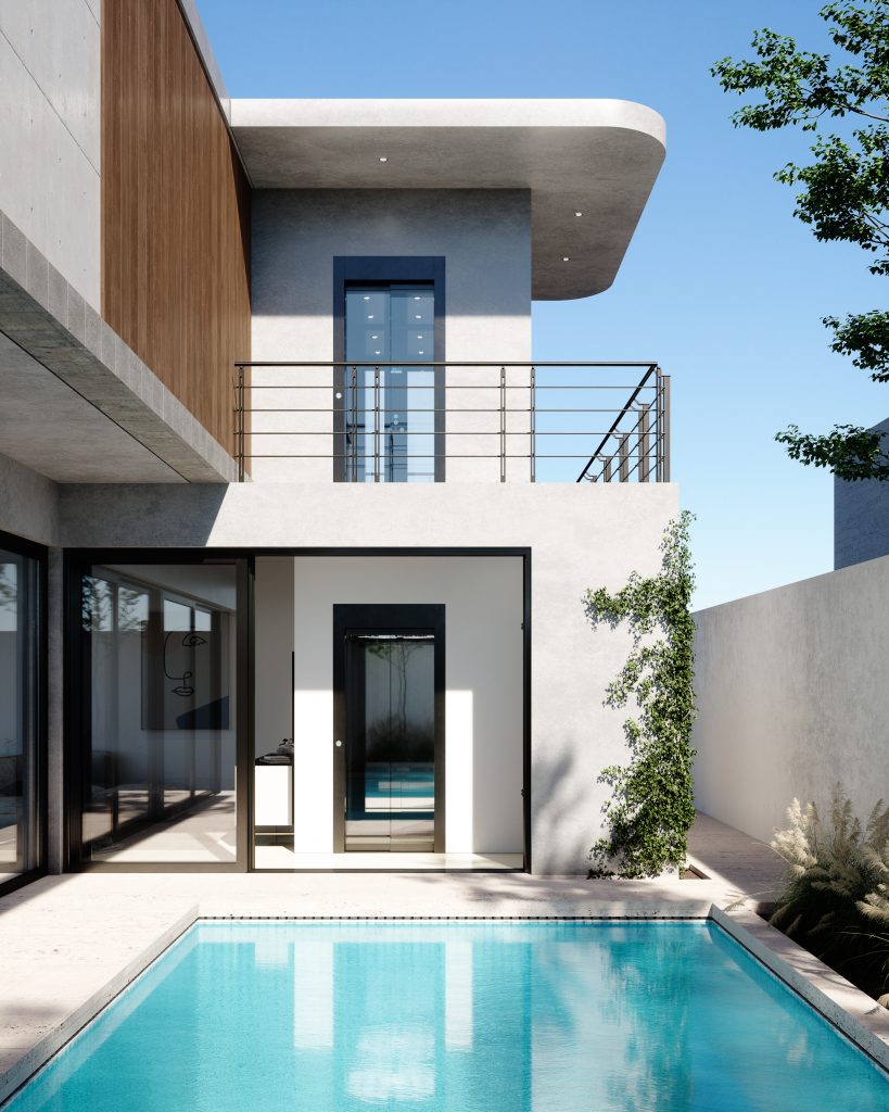 impianto home lift ELtec Lift, modello HLG, vista esterna di home lift in vano in murtatura con due porte di piano differenti.