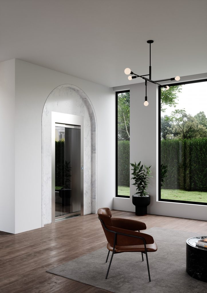Home lift Eltec HLB + (plus) con porte scorrevoli vetrate, installato in salotto moderno con elementi di design.