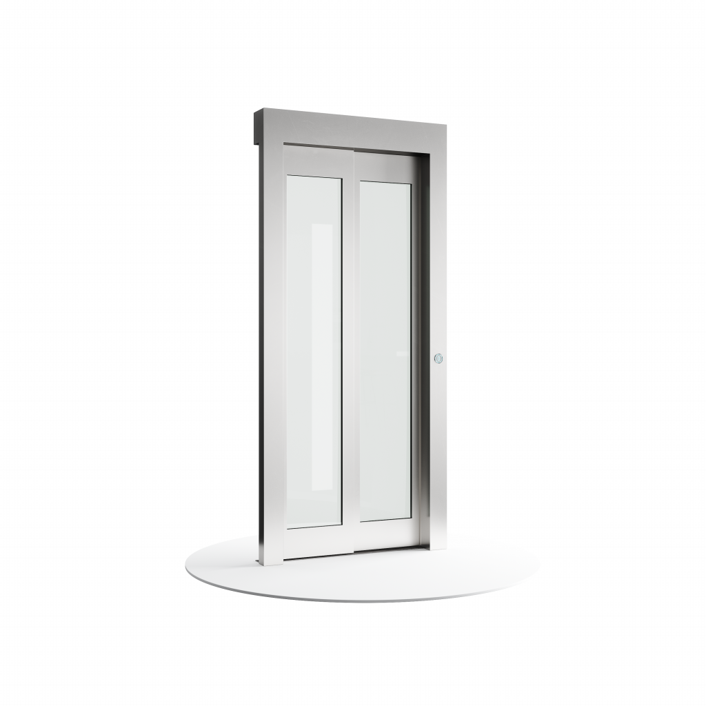 porta scorrevole per home lift, finitura inox ampie finestre sulle andte