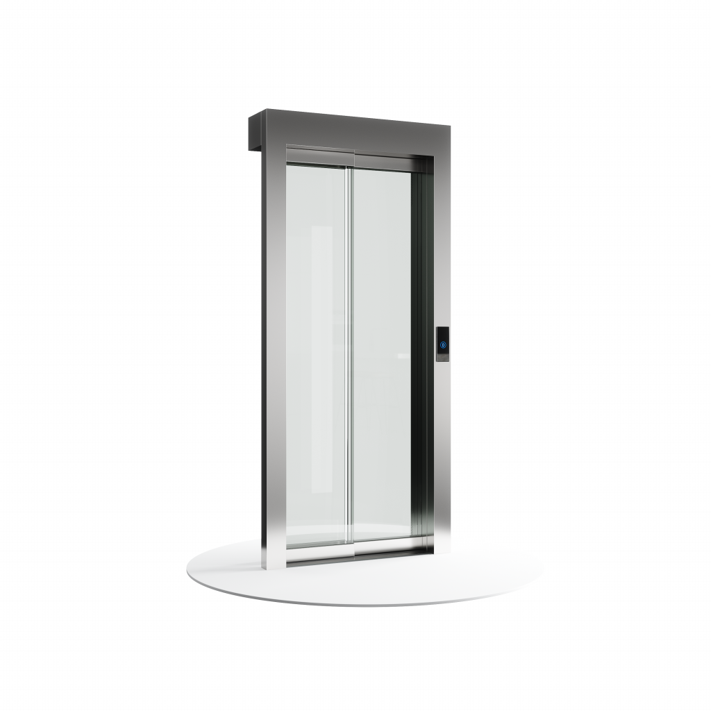 porta full glass disponibilòe per home lift eltec lift, completamente vetrata, scorrevole, dalla cornice e finiture colore acciaio inox, personalizzabile.