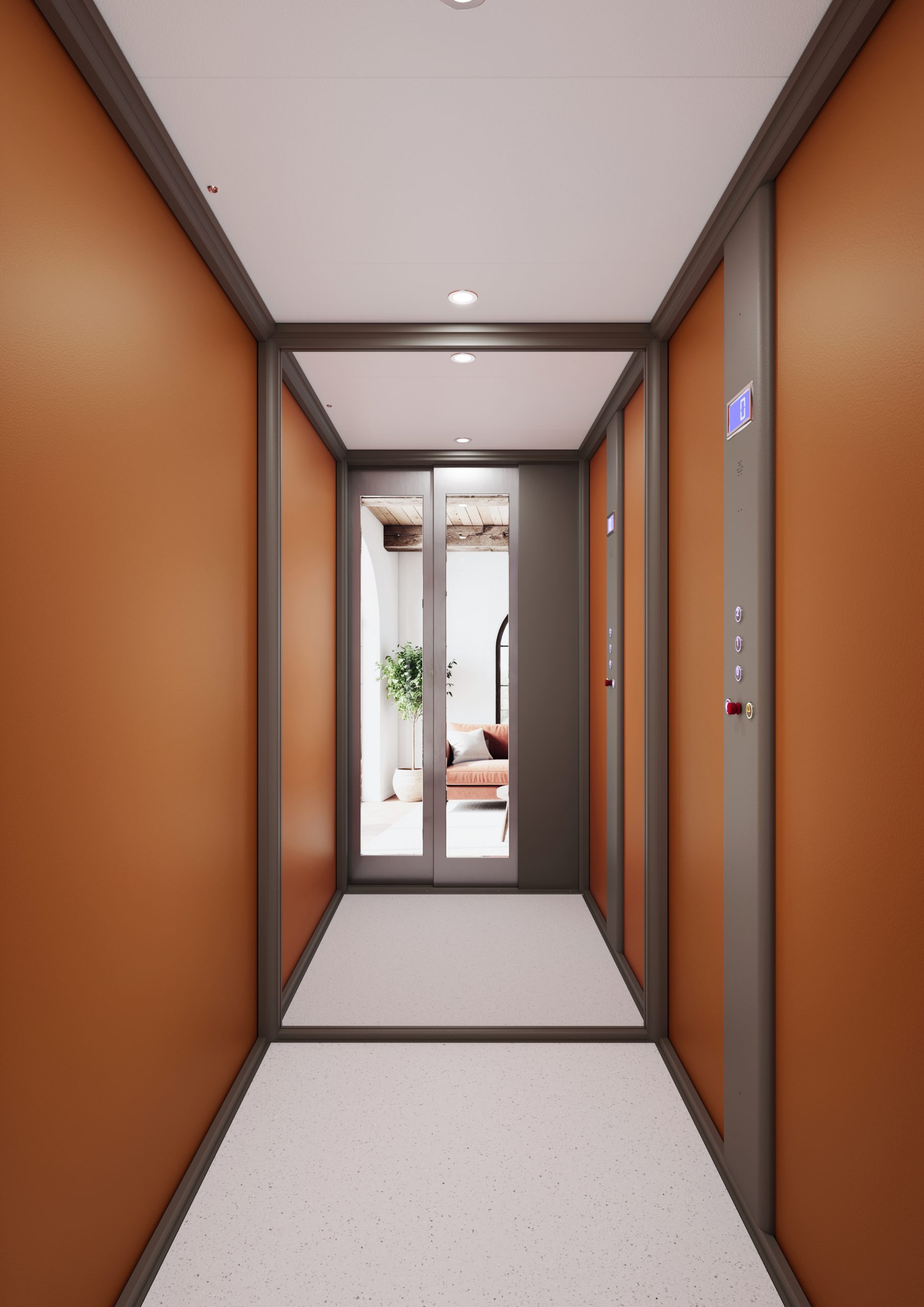 cabina interna Eltec HLB Vita modello Siena, dai toni caldi e armoniosi. Pareti terra di siena e specchio a tutta parete di fondo.