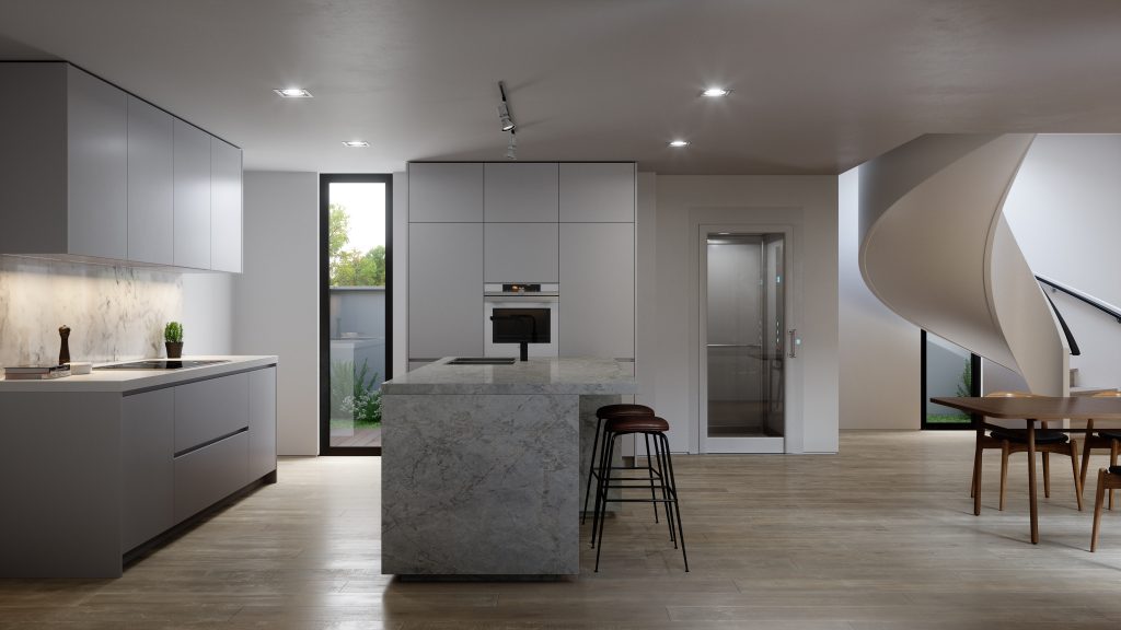 porta elsa, su HLB home lift eltec, cornice e finitura bianche e vetro extra-chiaro