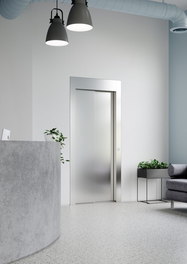 porta per home lift Eltec lift scorrevole. Finitura colore inox