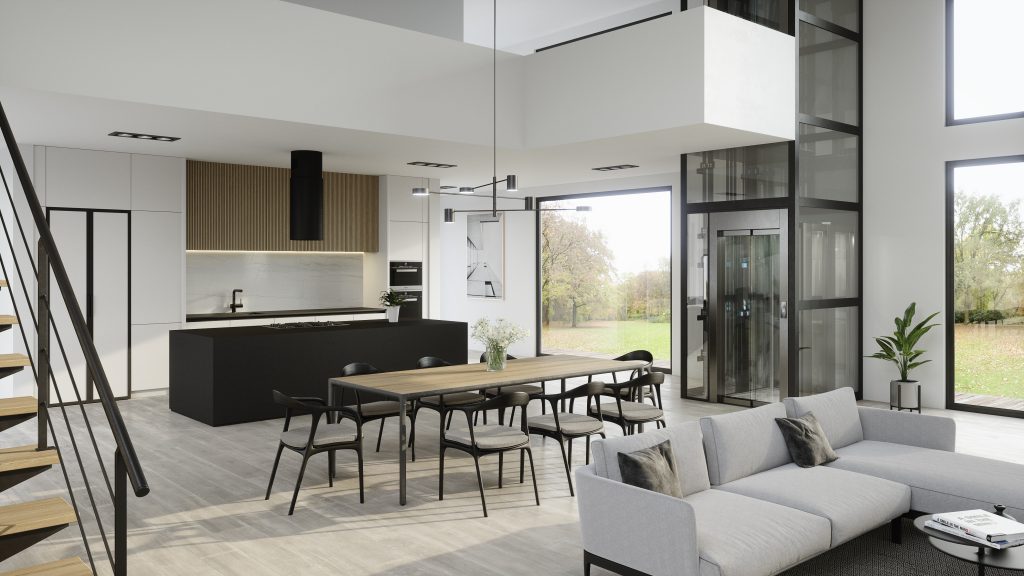 fodo di un home lift ELtec lift con struttura TA in un open space cucina salotto moderno, toni neutri bianchi / neri/ vetri per pannellatura struttura trasparenti e porta full glass
