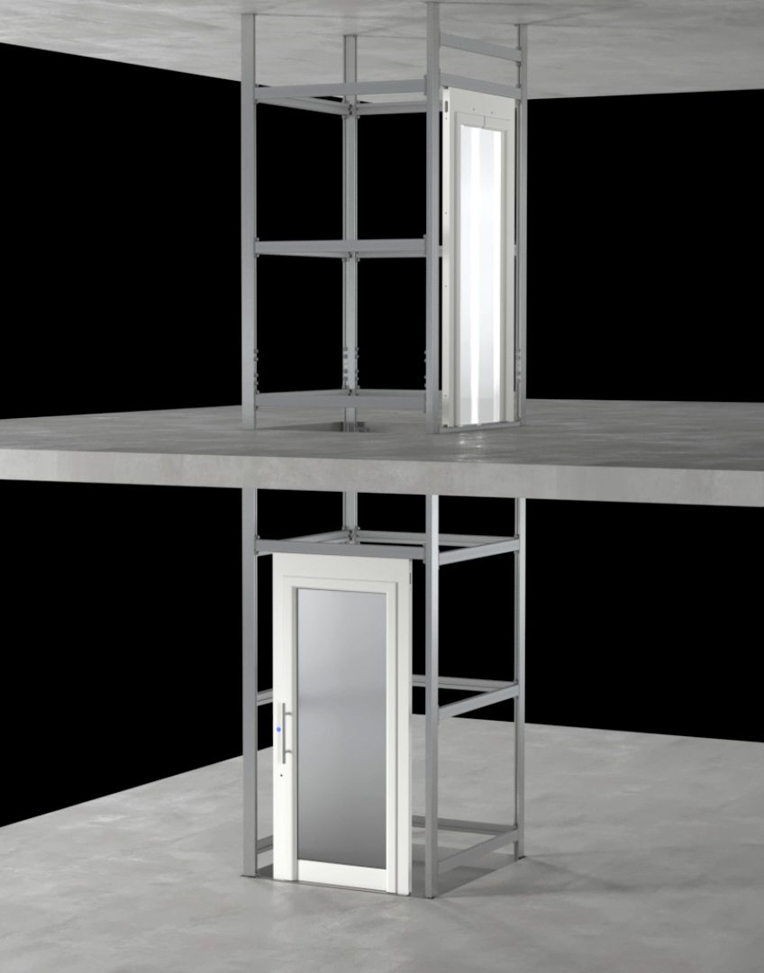 frame del video dedicato alla struttura Eltec AU, per home lift. video 3d del progetto e montaggio, si vede ossatura struttura a due piani