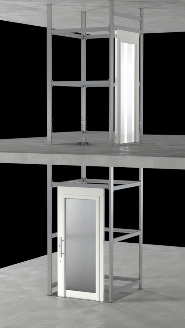 frame del video dedicato alla struttura Eltec AU, per home lift. video 3d del progetto e montaggio, si vede ossatura struttura a due piani