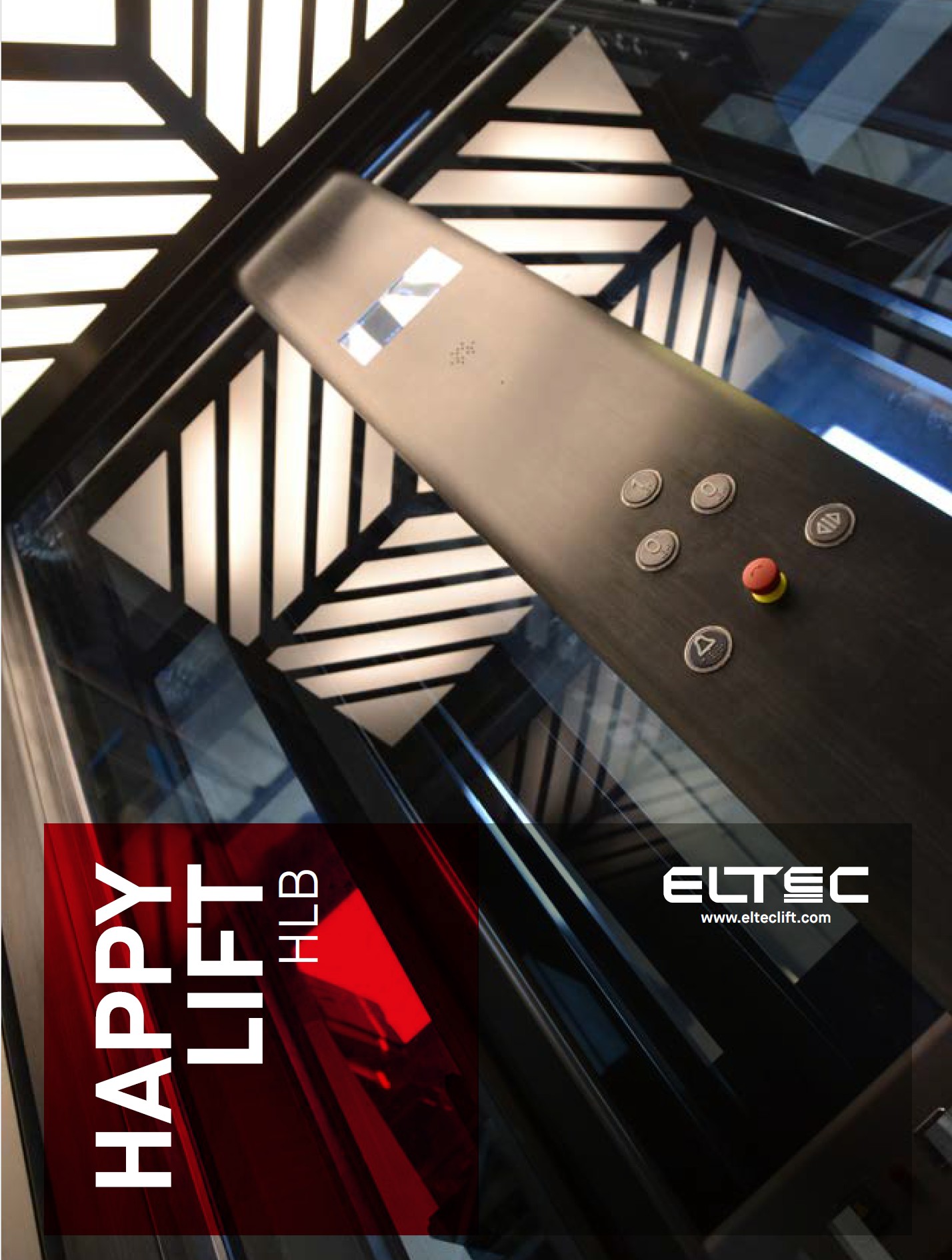 Cover della prima brochure dedicata all'impianto HLB dove si vede un'immagine di dettaglio della piattaforma con pannello di comando verticale a tutta altezza su vetro fumè