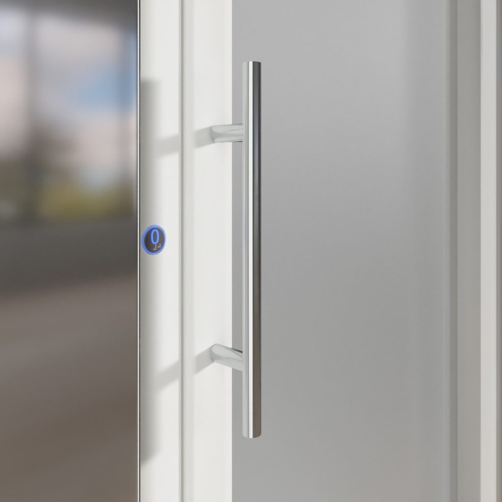 dettaglio della maniglia della porta per Home lift Eltec, modello Elsa. Maniglia dritta e minimalista, finitura acciaio inox.